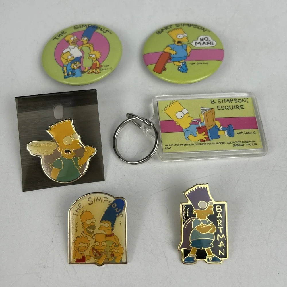 Vintage The Simpsons Keychain And Pin‎ Set Six Items Total